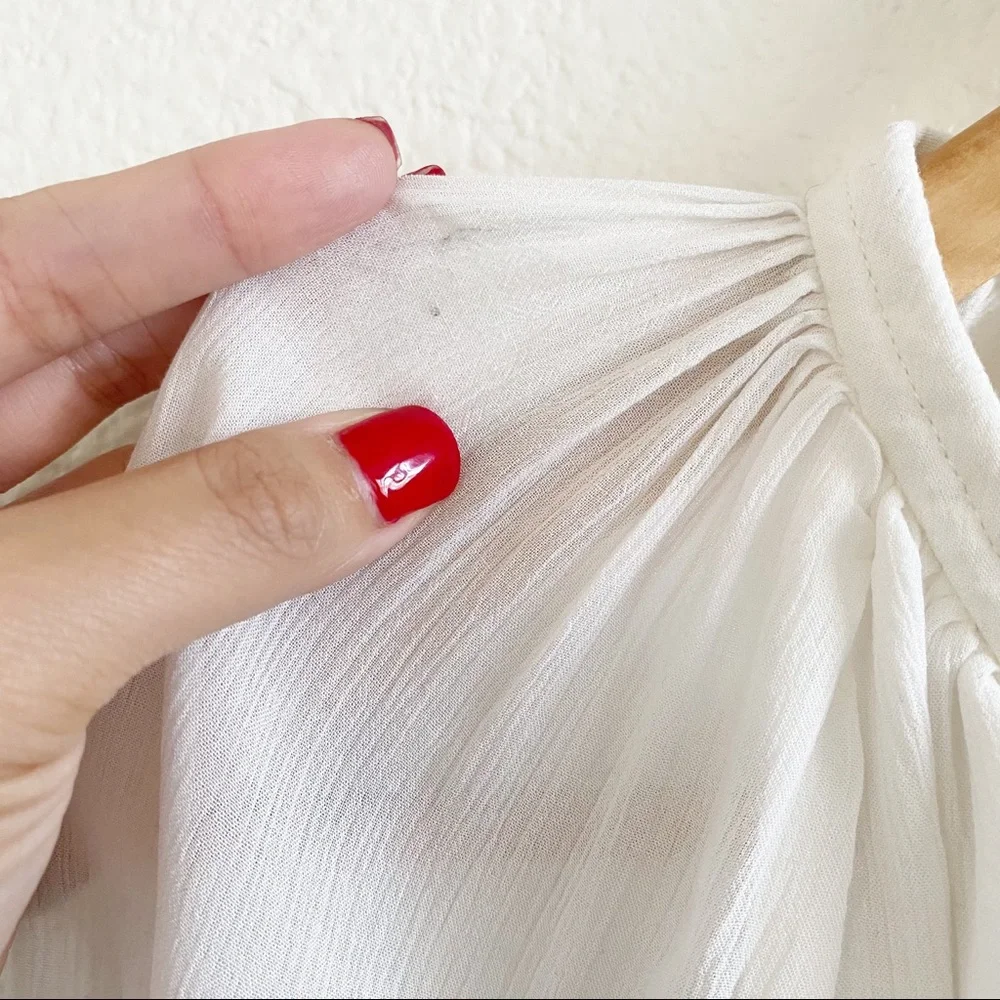 Ramy Brook White Silk Puff Sleeve Peasant Blouse Wooden Beaded Tassel XS - Picture 8 of 8